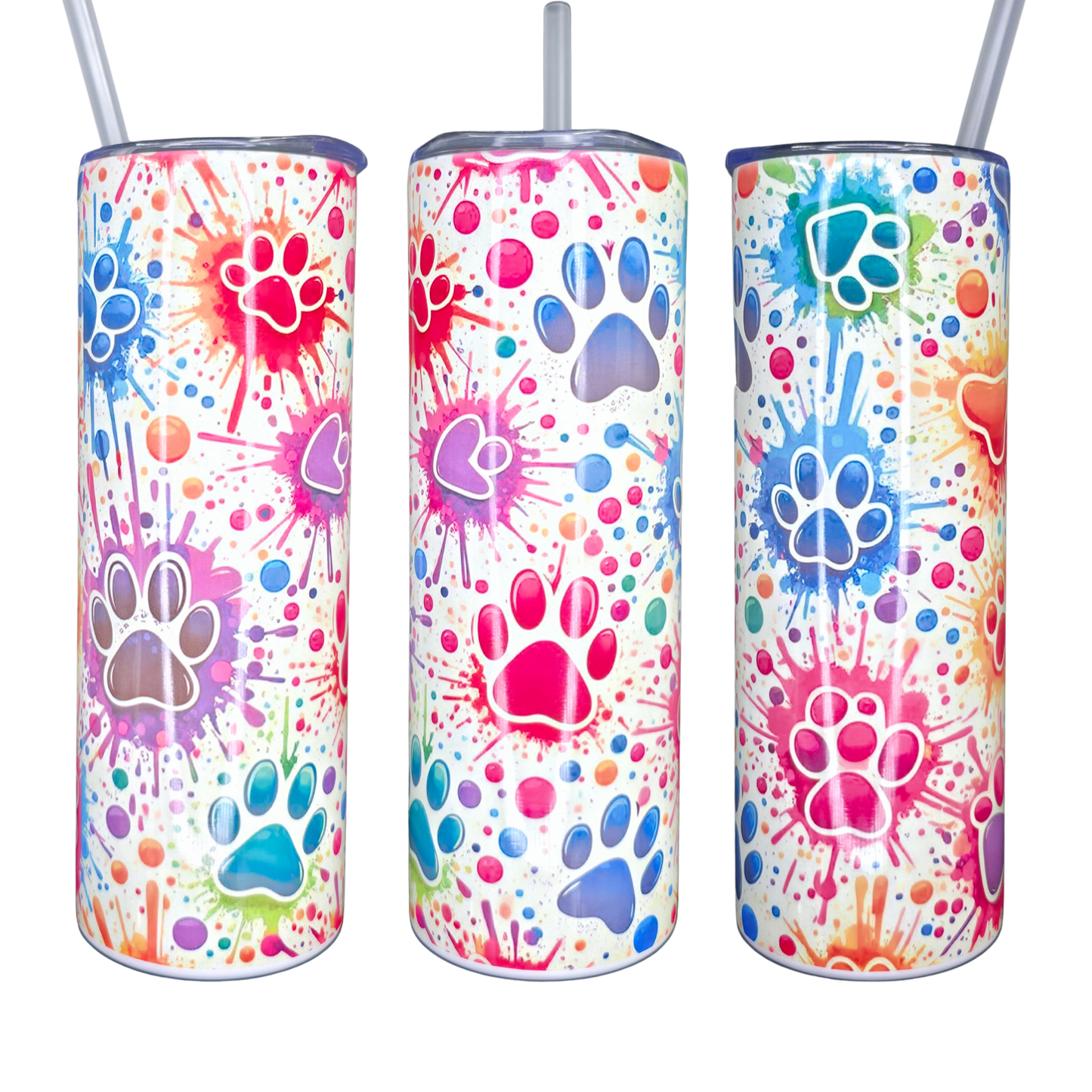 20oz Skinny Tumbler - Rainbow Paws