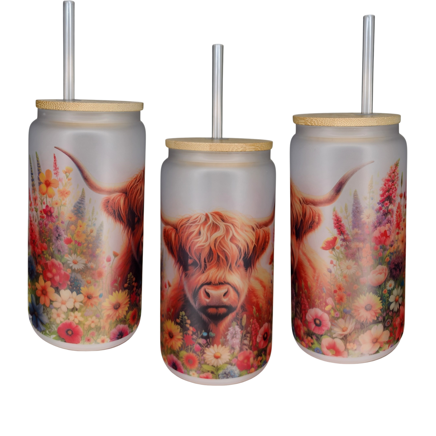 16oz Glass Can Tumbler - Highland Cow w/ Flowers