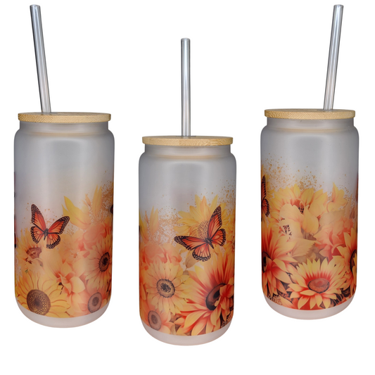 16oz Glass Can Tumbler - Sunflowers
