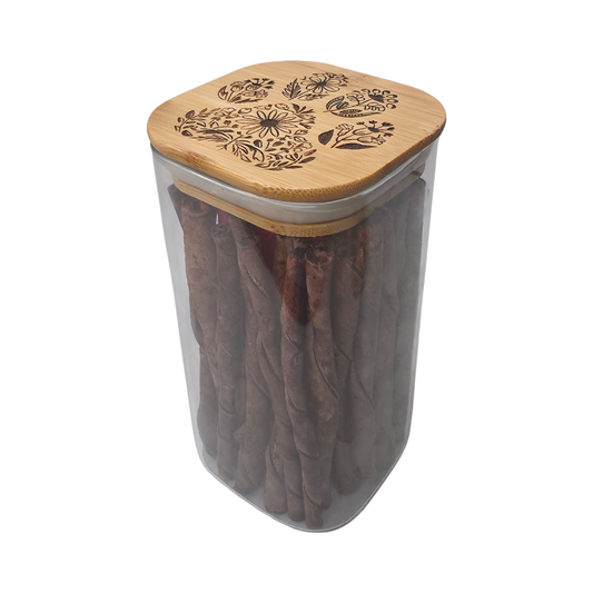 Glass Square Dog Treat Jar - Black Floral Dog Paw