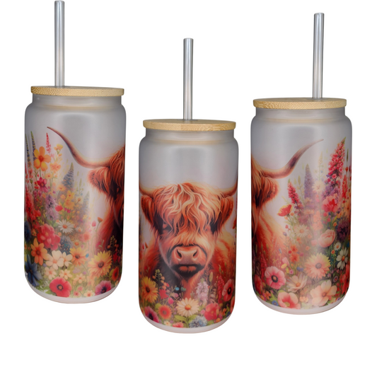 16oz Glass Can Tumbler - Highland Cow w/ Flowers