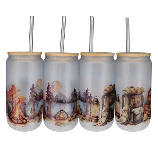 16oz Glass Can Tumbler - Watercolor Camping
