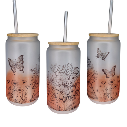 16oz Glass Can Tumbler - Peach Butterflies