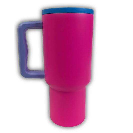 40oz Tumbler - Pink, Purple Handle, Blue Lid