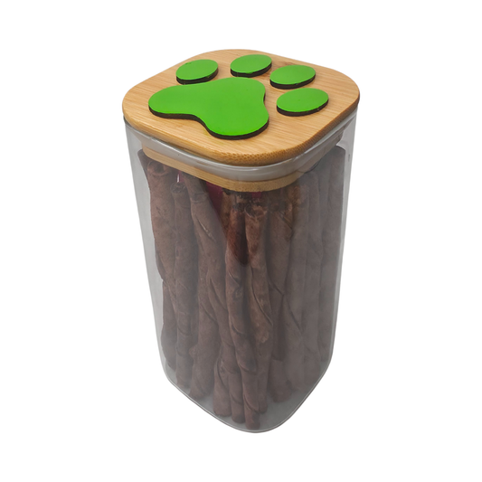 Glass Square Dog Treat Jar - Green Paw Print