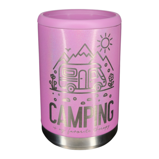 12oz Can Cooler - Camping Is My Favorite Therapy Pink Magic Glitter